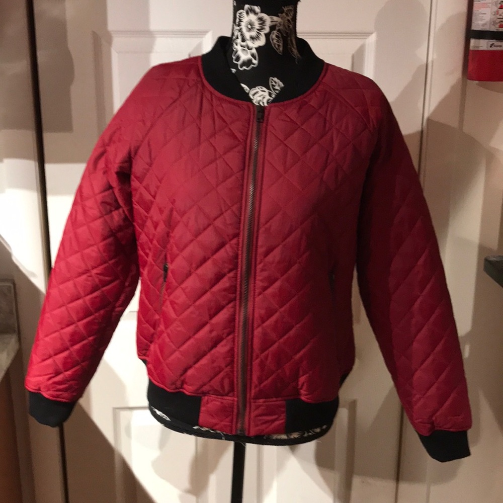 Allegra K Red Quilted Bomber Jacket